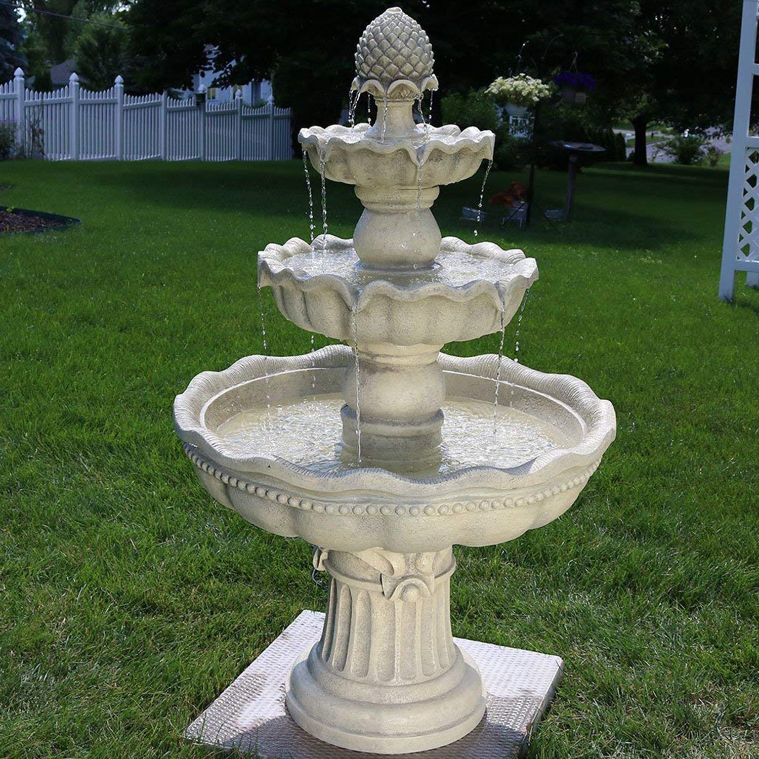 Sunnydaze 3-Tier Pineapple Outdoor Garden Fountain, White, 51 Inch Tall